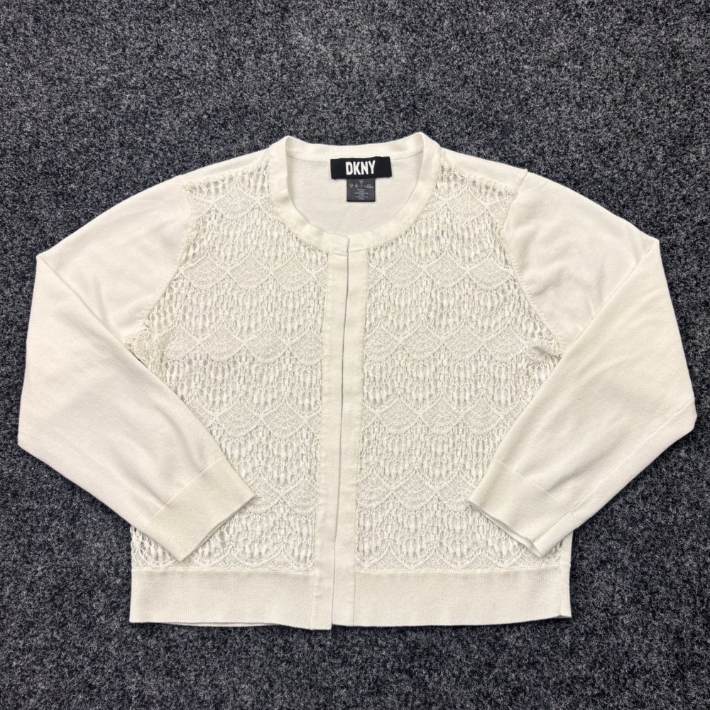 DKNY Cardigan Sweater Womens Medium Ivory Off White Lace Front Crop Snap Size M